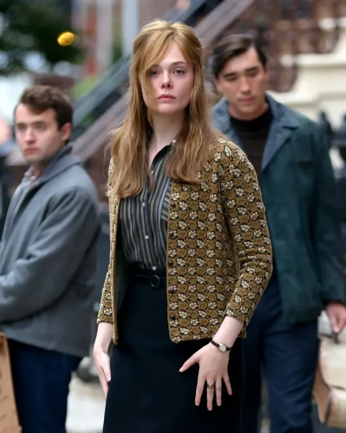 A Complete Unknown Elle Fanning Printed Cardigan Top | Trendy Leather Jackets