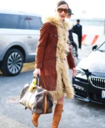 Bella Hadid Brown Suede Leather Afghan Coat | Trendy Leather Jackets
