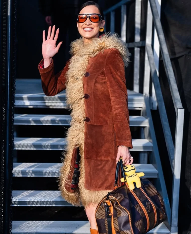 Bella Hadid Brown Suede Leather Afghan Coat | Trendy Leather Jackets