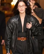 Bella Hadid PFW 2024 Black Leather Jacket | Trendy Leather Jackets