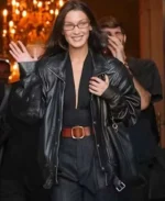 Bella Hadid PFW 2024 Black Leather Jacket | Trendy Leather Jackets