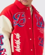 Boxy BM Badge Red Varsity Jacket | Trendy Leather Jackets