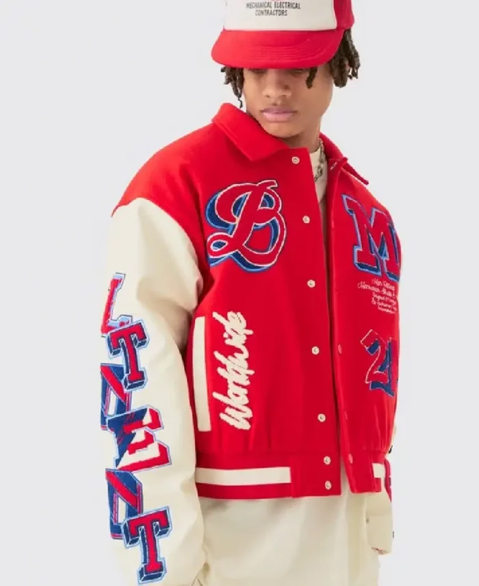 Boxy BM Badge Red Varsity Jacket | Trendy Leather Jackets