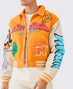 Boxy Fit Graffiti Orange Varsity Jacket | Trendy Leather Jackets
