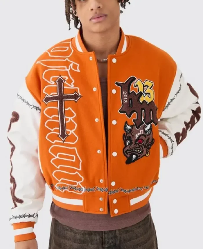 Boxy Limited Badge Orange Varsity Jacket | Trendy Leather Jackets