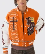 Boxy Limited Badge Orange Varsity Jacket | Trendy Leather Jackets