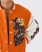 Boxy Limited Badge Orange Varsity Jacket | Trendy Leather Jackets