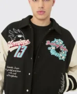 Boxy Melton & Pu Collared Varsity Jacket | Trendy Leather Jackets