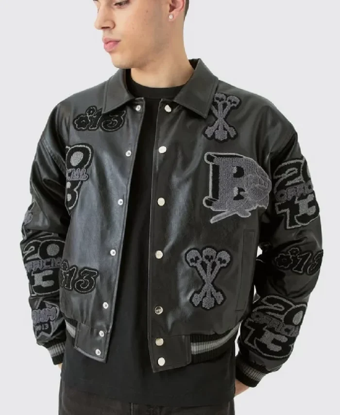 Boxy Pu Tonal Badge Varsity Jacket | Trendy Leather Jackets