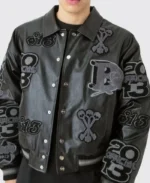 Boxy Pu Tonal Badge Varsity Jacket | Trendy Leather Jackets