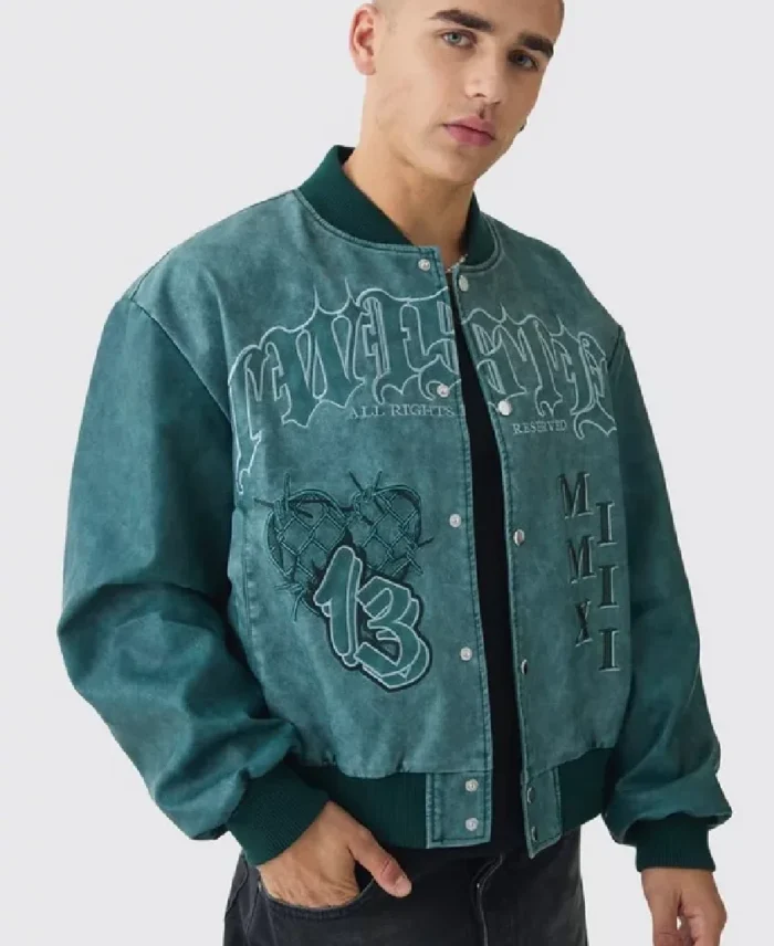 Boxy Tonal Badge Tumbled Pu Blue Varsity Jacket | Trendy Leather Jackets