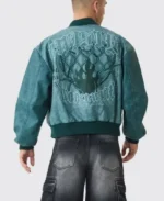 Boxy Tonal Badge Tumbled Pu Blue Varsity Jacket | Trendy Leather Jackets