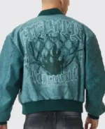 Boxy Tonal Badge Tumbled Pu Blue Varsity Jacket | Trendy Leather Jackets