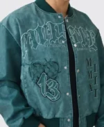 Boxy Tonal Badge Tumbled Pu Blue Varsity Jacket | Trendy Leather Jackets