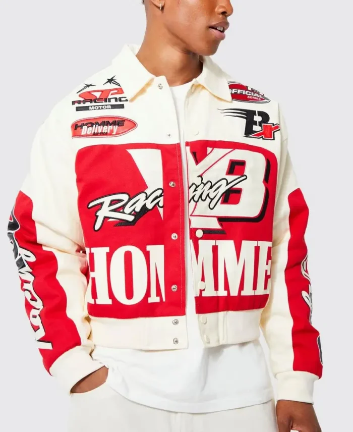 Boxy Twill Homme Moto Bomber Jacket | Trendy Leather Jackets