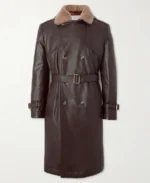 Brunello Cucinelli Double Breasted Shearling Trimmed Leather Trench Coat | Trendy Leather Jackets