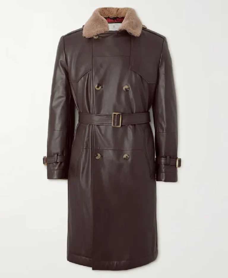 Brunello Cucinelli Double Breasted Shearling Trimmed Leather Trench Coat | Trendy Leather Jackets