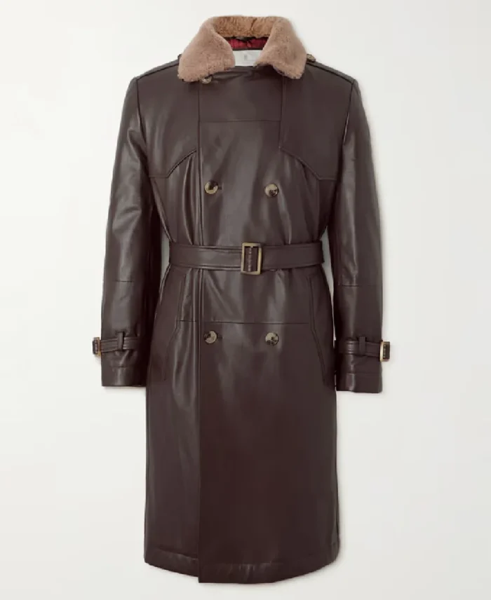 Brunello Cucinelli Double Breasted Shearling Trimmed Leather Trench Coat | Trendy Leather Jackets