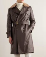 Brunello Cucinelli Double Breasted Shearling Trimmed Leather Trench Coat | Trendy Leather Jackets