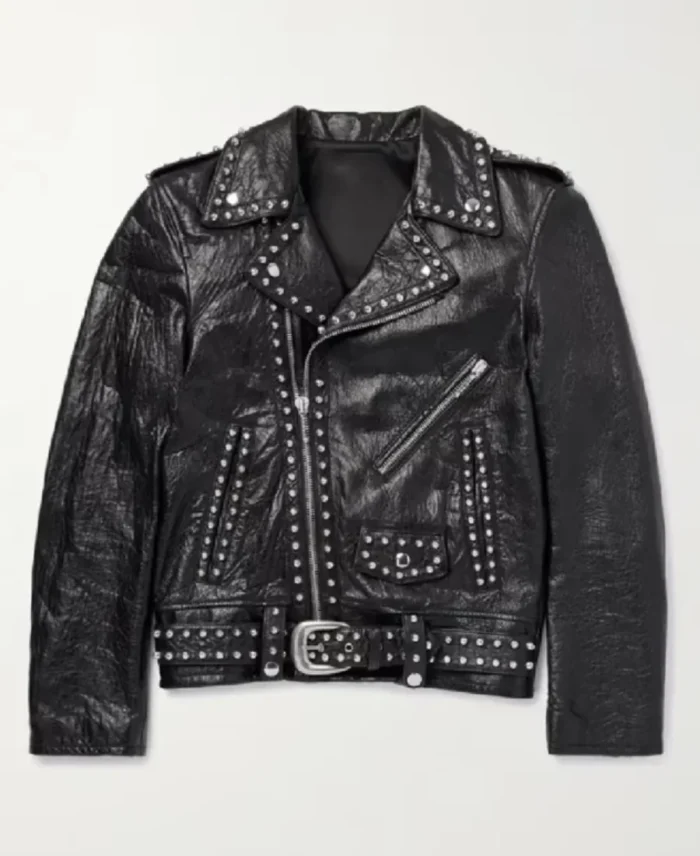 Celine Homme Studded Belted Textured Black Leather Jacket | Trendy Leather Jackets