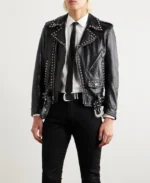 Celine Homme Studded Belted Textured Black Leather Jacket | Trendy Leather Jackets