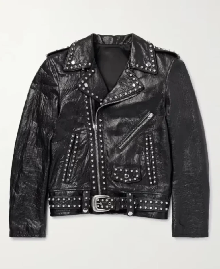 Celine Homme Studded Belted Textured Black Leather Jacket | Trendy Leather Jackets