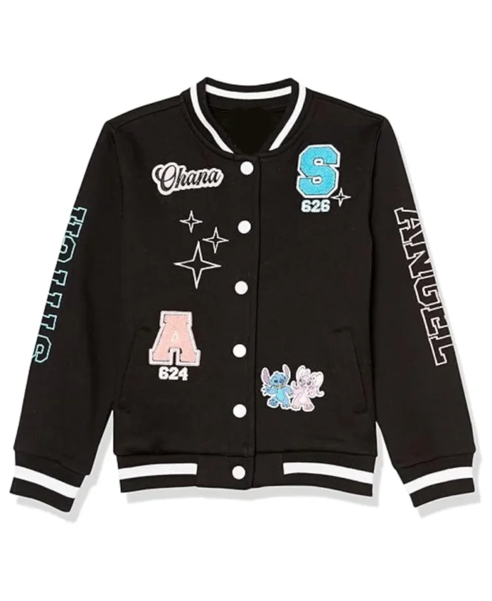 Disney Stitch & Angel Black Varsity Jacket | Trendy Leather Jackets