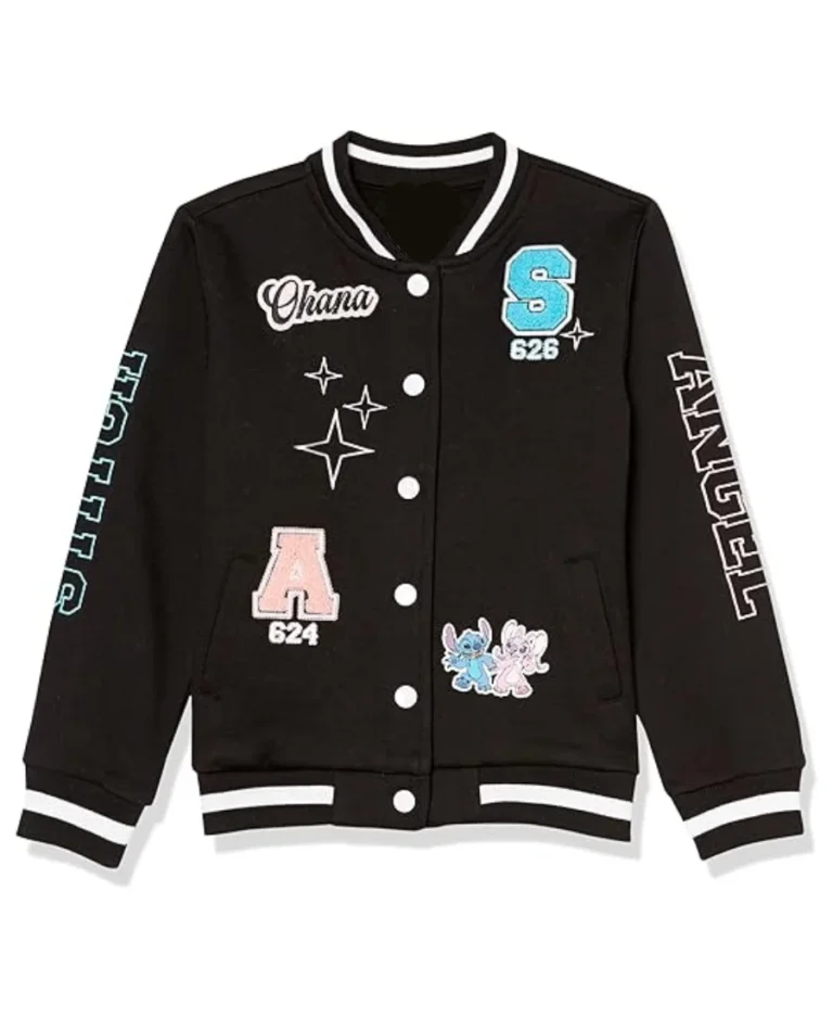 Disney Stitch & Angel Black Varsity Jacket | Trendy Leather Jackets