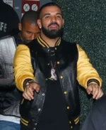 Drake Black & Yellow Leather Varsity Jacket | Trendy Leather Jackets