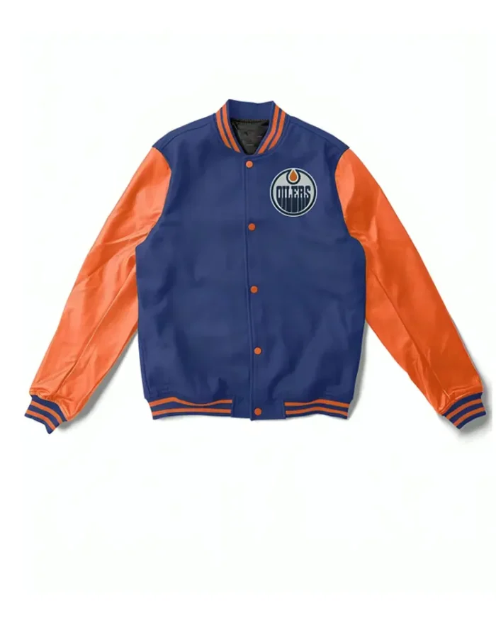 Edmonton Oilers Blue And Orange Varsity Jacket | Trendy Leather Jackets