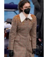 Ella Emhoff Miu Miu Brown Checkered Trench Coat | Trendy Leather Jackets