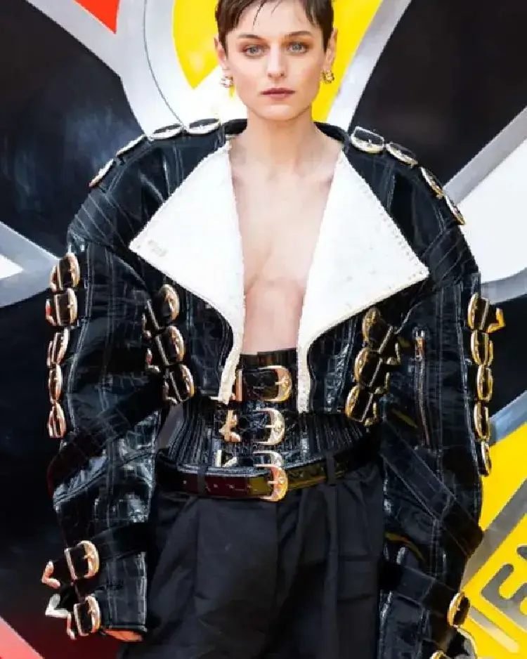 Emma Corrin Deadpool & Wolverine Shearling Black Leather Jacket | Trendy Leather Jackets