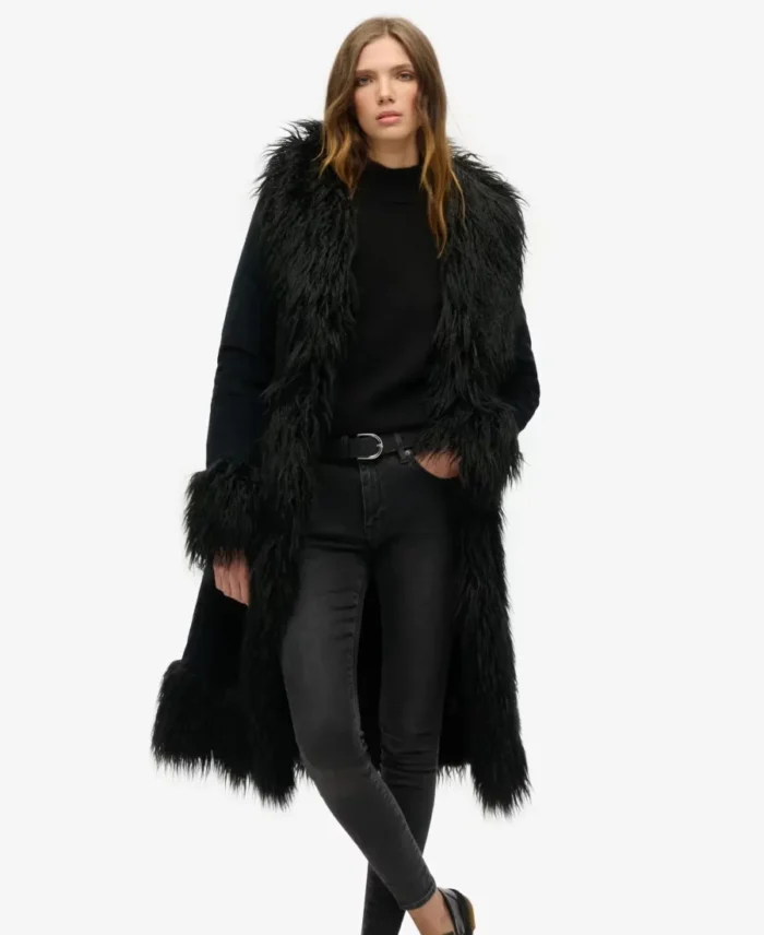 Faux Fur Black Afghan Long Coat | Trendy Leather Jackets
