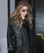 Gigi Hadid Black Shearling Aviator Jacket | Trendy Leather Jackets