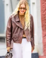 Gigi Hadid NYC Brown Leather Jacket | Trendy Leather Jackets