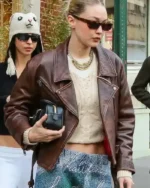 Gigi Hadid NYC Brown Leather Jacket | Trendy Leather Jackets
