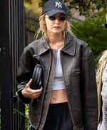 Gigi Hadid Paris Fashion Week 2023 Dark Brown Leather Jacket | Trendy Leather Jackets
