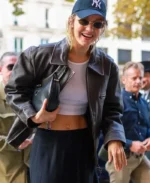 Gigi Hadid Paris Fashion Week 2023 Dark Brown Leather Jacket | Trendy Leather Jackets