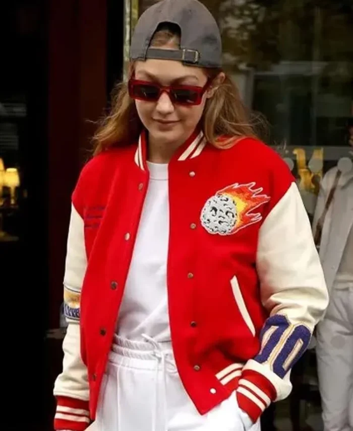 Gigi Hadid Red and White Meteor Shower Varsity Jacket | Trendy Leather Jackets