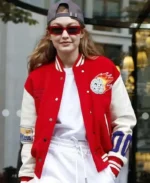Gigi Hadid Red and White Meteor Shower Varsity Jacket | Trendy Leather Jackets