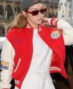 Gigi Hadid Red and White Meteor Shower Varsity Jacket | Trendy Leather Jackets