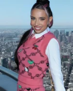 Good Morning America Kylie Cantrall Pink Print Knit Vest | Trendy Leather Jackets