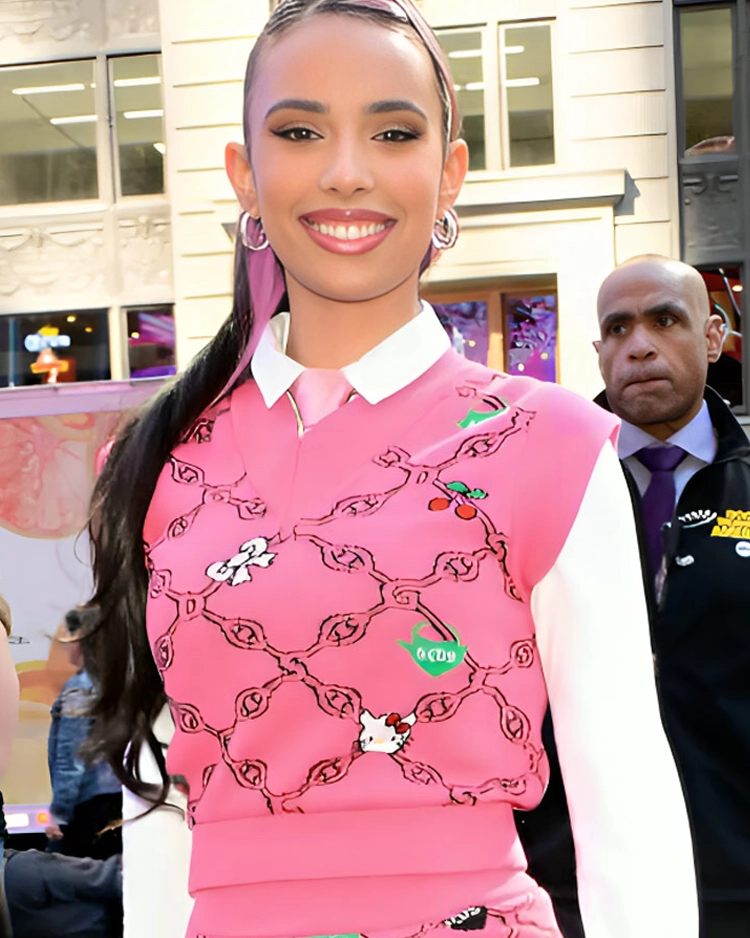 Good Morning America Kylie Cantrall Pink Print Knit Vest | Trendy Leather Jackets