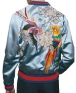 GUCCI Blue Embroidered Silk Bomber Jacket | Trendy Leather Jackets
