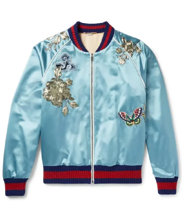 GUCCI Blue Embroidered Silk Bomber Jacket | Trendy Leather Jackets