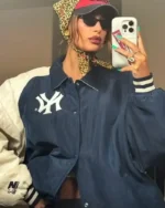 Hailey Bieber 2024 Coachella NY Oversize Varsity Jacket | Trendy Leather Jackets