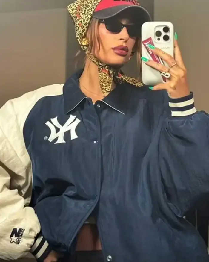 Hailey Bieber 2024 Coachella NY Oversize Varsity Jacket | Trendy Leather Jackets