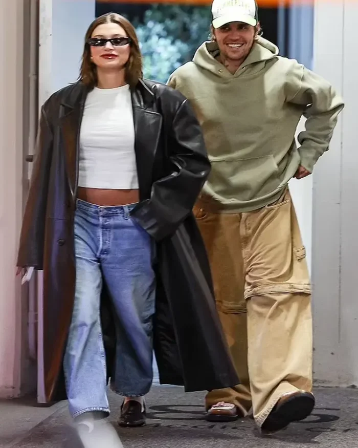 Hailey Bieber Long Leather Coat | Trendy Leather Jackets