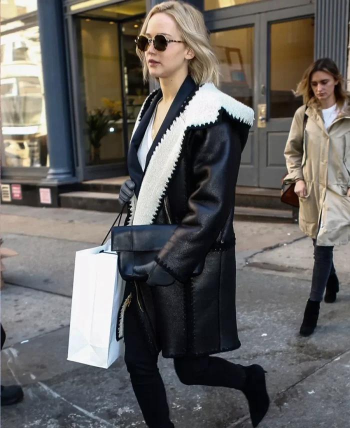Jennifer Lawrence Black Shearling Leather Coat | Trendy Leather Jackets
