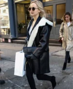 Jennifer Lawrence Black Shearling Leather Coat | Trendy Leather Jackets